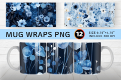 Blue Winter Pressed Flowers Mug Wrap Sublimation Designs Product Image 1