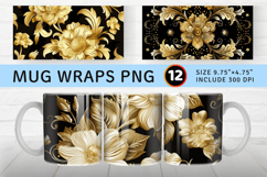 Golden Damask Flowers Glitter Mug Wrap Sublimation Designs Product Image 1