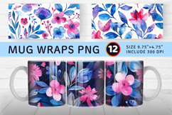 Watercolor Magenta Blue Floral Mug Wrap Sublimation Designs Product Image 1