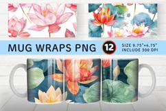Watercolor Lotus Floral Mug Wrap Sublimation Designs Product Image 1
