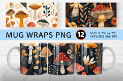Boho Mushrooms Floral Botanical Mug Wrap Sublimation Designs Product Image 1