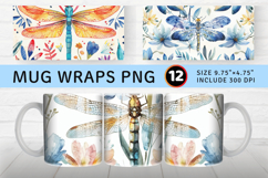 Watercolor Floral Dragonfly Mug Wrap Sublimation Designs Product Image 1