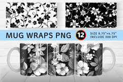 Black &amp; White Floral Mug Wrap Sublimation Designs Product Image 1