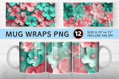 Pink &amp; Teal 3D Flowers Mug Wrap Sublimation Designs Product Image 1