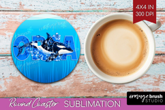 Orca Floral Round Coaster Sea Blue Coaster PNG Sublimation Product Image 1