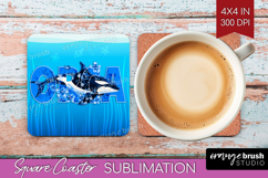 Orca Floral Square Coaster Sea Blue Coaster PNG Sublimation Product Image 1