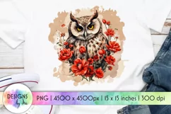 Owl with Red Poppy Flowers Sublimation | Watercolour Owl PNG Product Image 1