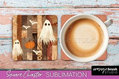Patchwork Retro Halloween Coaster, Ghost Square Coaster PNG Product Image 1