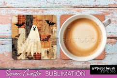 Patchwork Retro Halloween Coaster, Ghost Square Coaster PNG Product Image 1