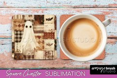 Patchwork Retro Halloween Coaster, Ghost Square Coaster PNG Product Image 1