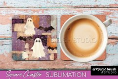 Patchwork Retro Halloween Coaster, Ghost Square Coaster PNG Product Image 1