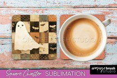 Patchwork Retro Halloween Coaster, Ghost Square Coaster PNG Product Image 1