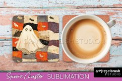 Patchwork Retro Halloween Coaster, Ghost Square Coaster PNG Product Image 1