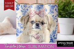 Pekingese Dog Tumbler Wrap Blue Toile Tumbler PNG Product Image 1