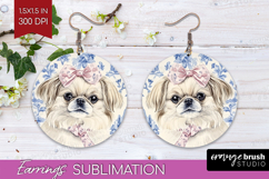 Pekingese Dog Round Earrings Blue Toile PNG Sublimation Product Image 1