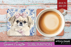 Pekingese Dog Square Coaster Blue Toile Coaster PNG Product Image 1