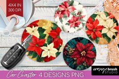 Poinsettia Car Coaster - Christmas Coaster PNG Sublimation Product Image 1