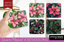 Poinsettia Magnet Sublimation - Christmas Square Magnet PNG Product Image 1