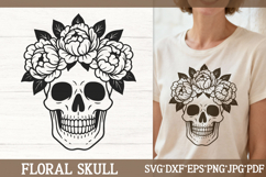 Floral Skull SVG with Peony Flower Crown | Gothic Line Art Product Image 1
