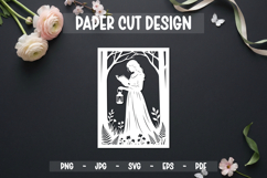 Book Lover Girl Paper Cut SVG, Floral Reading Woman Papercut Product Image 1