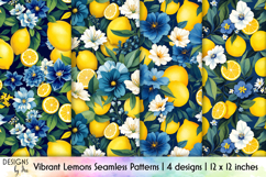 Vibrant Lemons and Blue Florals Patterns, Lemon Seamless PNG Product Image 1