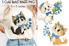 Cute Retro Kittens with Flowers, 3 PNG Clipart Designs Product Image 1