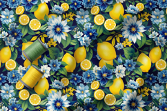 Vibrant Lemons and Blue Florals Patterns, Lemon Seamless PNG Product Image 2