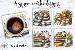 Cute Cat with Pile of Books Coasters, Book Lover Coasters Product Image 1