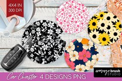 Retro Flowers Car Coaster - Floral Coaster PNG Sublimation Product Image 1