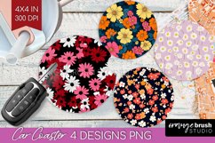 Retro Flowers Car Coaster - Floral Coaster PNG Sublimation Product Image 1