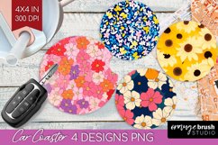 Retro Flowers Car Coaster - Floral Coaster PNG Sublimation Product Image 1