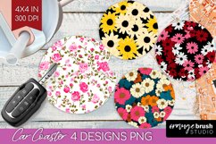 Retro Flowers Car Coaster - Floral Coaster PNG Sublimation Product Image 1