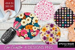 Retro Flowers Car Coaster - Floral Coaster PNG Sublimation Product Image 1