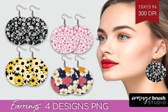 Retro Flowers Round Earrings - Floral PNG Sublimation Product Image 1