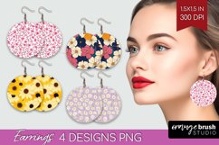Retro Flowers Round Earrings - Floral PNG Sublimation Product Image 1