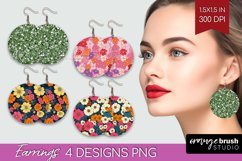 Retro Flowers Round Earrings - Floral PNG Sublimation Product Image 1