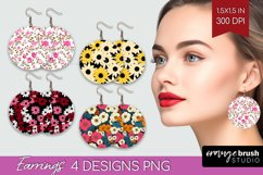 Retro Flowers Round Earrings - Floral PNG Sublimation Product Image 1