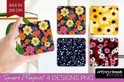 Retro Flowers Magnet Sublimation - Floral Square Magnet PNG Product Image 1