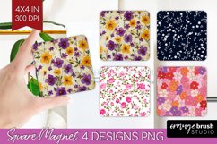 Retro Flowers Magnet Sublimation - Floral Square Magnet PNG Product Image 1