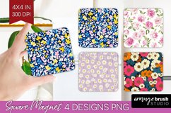Retro Flowers Magnet Sublimation - Floral Square Magnet PNG Product Image 1