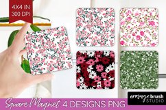 Retro Flowers Magnet Sublimation - Floral Square Magnet PNG Product Image 1