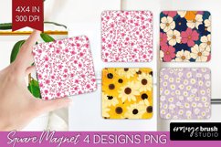 Retro Flowers Magnet Sublimation - Floral Square Magnet PNG Product Image 1
