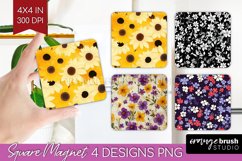 Retro Flowers Magnet Sublimation - Floral Square Magnet PNG Product Image 1