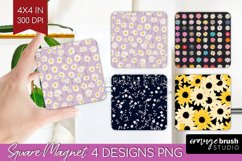 Retro Flowers Magnet Sublimation - Floral Square Magnet PNG Product Image 1