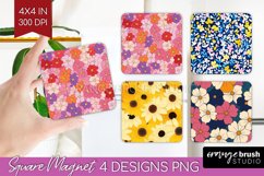 Retro Flowers Magnet Sublimation - Floral Square Magnet PNG Product Image 1