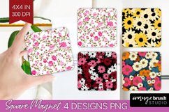 Retro Flowers Magnet Sublimation - Floral Square Magnet PNG Product Image 1