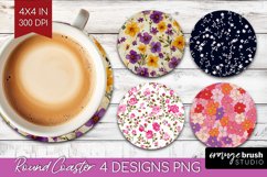 Retro Flowers Round Coaster - Floral Coaster PNG Sublimation Product Image 1