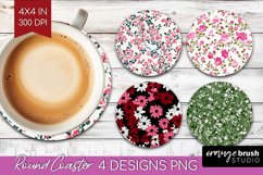 Retro Flowers Round Coaster - Floral Coaster PNG Sublimation Product Image 1