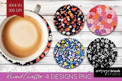 Retro Flowers Round Coaster - Floral Coaster PNG Sublimation Product Image 1