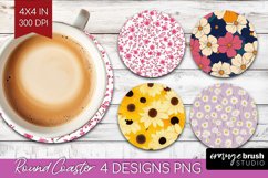 Retro Flowers Round Coaster - Floral Coaster PNG Sublimation Product Image 1
